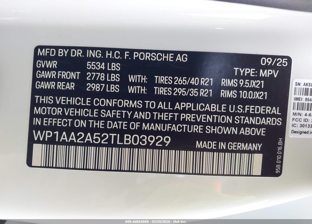 2026 PORSCHE MACAN T VIN: WP1AA2A52TLB03929