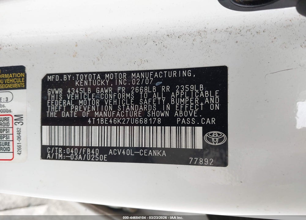 2007 TOYOTA CAMRY LE VIN: 4T1BE46K27U668178