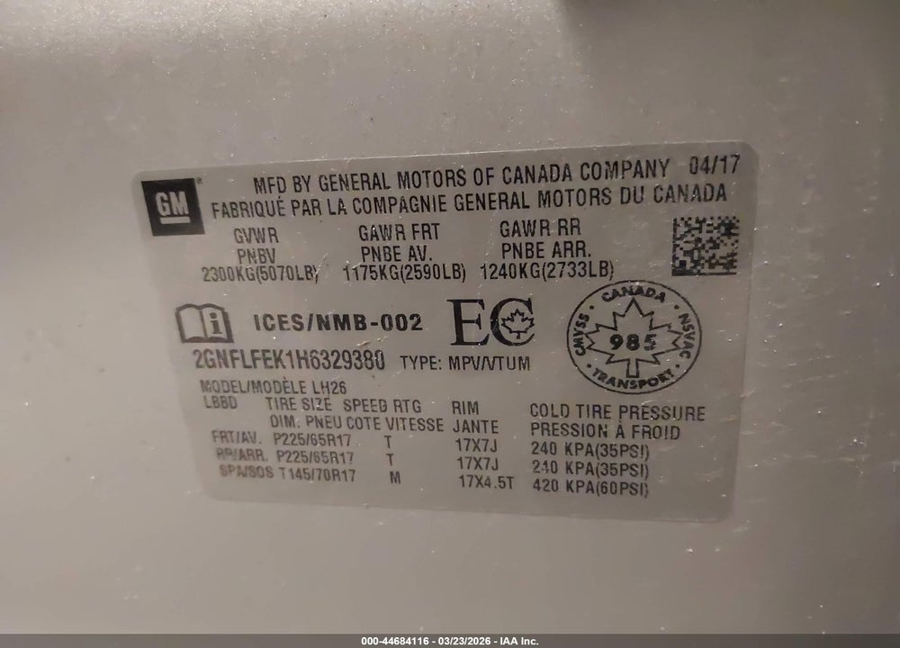 2017 CHEVROLET EQUINOX 1LT VIN: 2GNFLFEK1H6329380