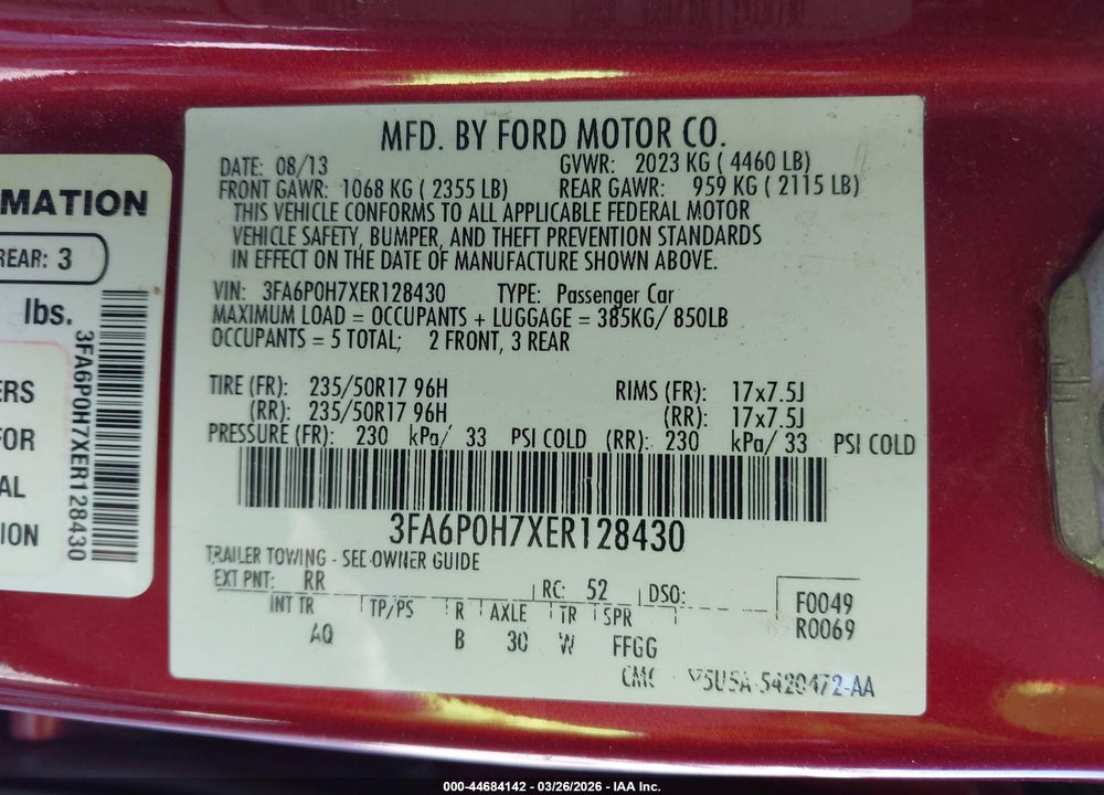 2014 FORD FUSION SE VIN: 3FA6P0H7XER128430