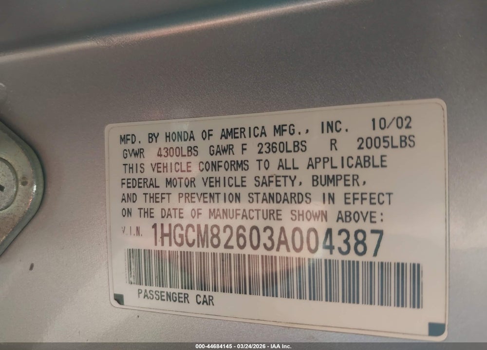 2003 HONDA ACCORD 3.0 EX VIN: 1HGCM82603A004387