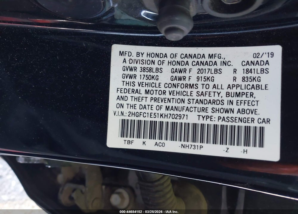 2019 HONDA CIVIC SI VIN: 2HGFC1E51KH702971