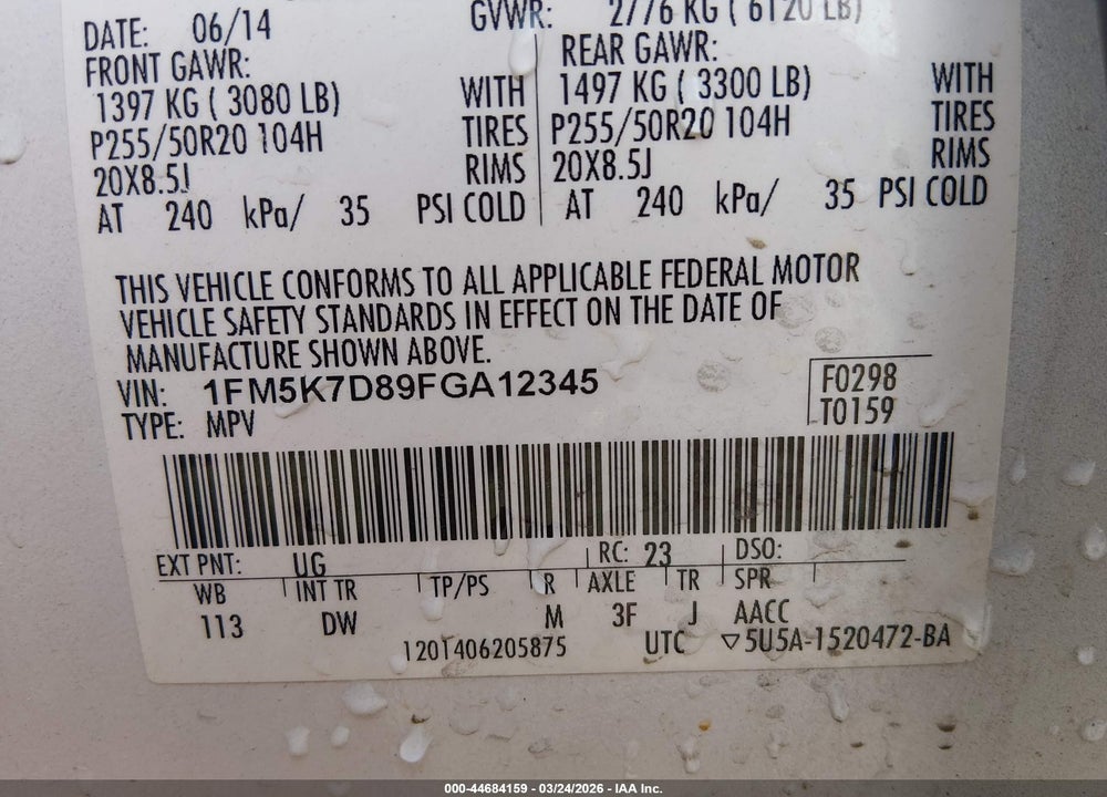 2015 FORD EXPLORER XLT VIN: 1FM5K7D89FGA12345