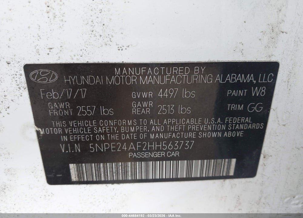 2017 HYUNDAI SONATA VIN: 5NPE24AF2HH563737
