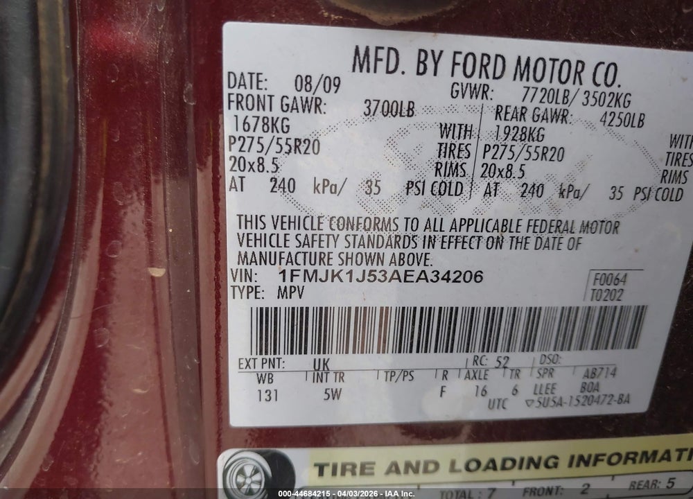 2010 FORD EXPEDITION EL KING RANCH VIN: 1FMJK1J53AEA34206