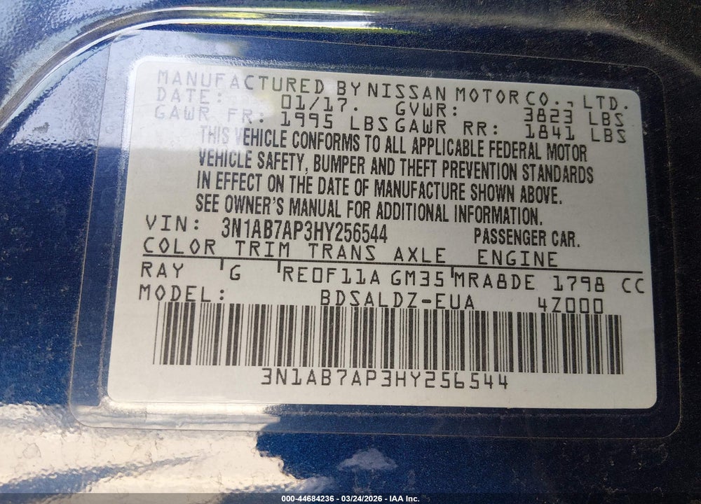 2017 NISSAN SENTRA SV VIN: 3N1AB7AP3HY256544