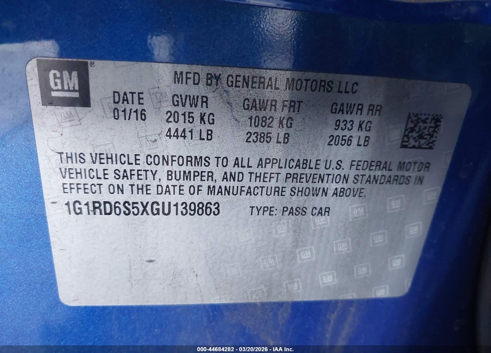 2016 CHEVROLET VOLT PREMIER VIN: 1G1RD6S5XGU139863