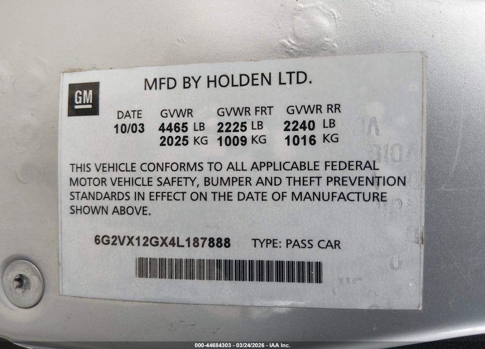 2004 PONTIAC GTO VIN: 6G2VX12GX4L187888