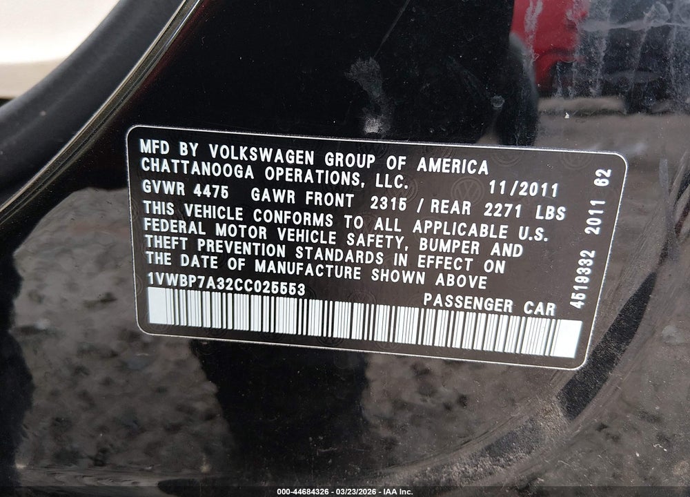2012 VOLKSWAGEN PASSAT 2.5L SE VIN: 1VWBP7A32CC025553
