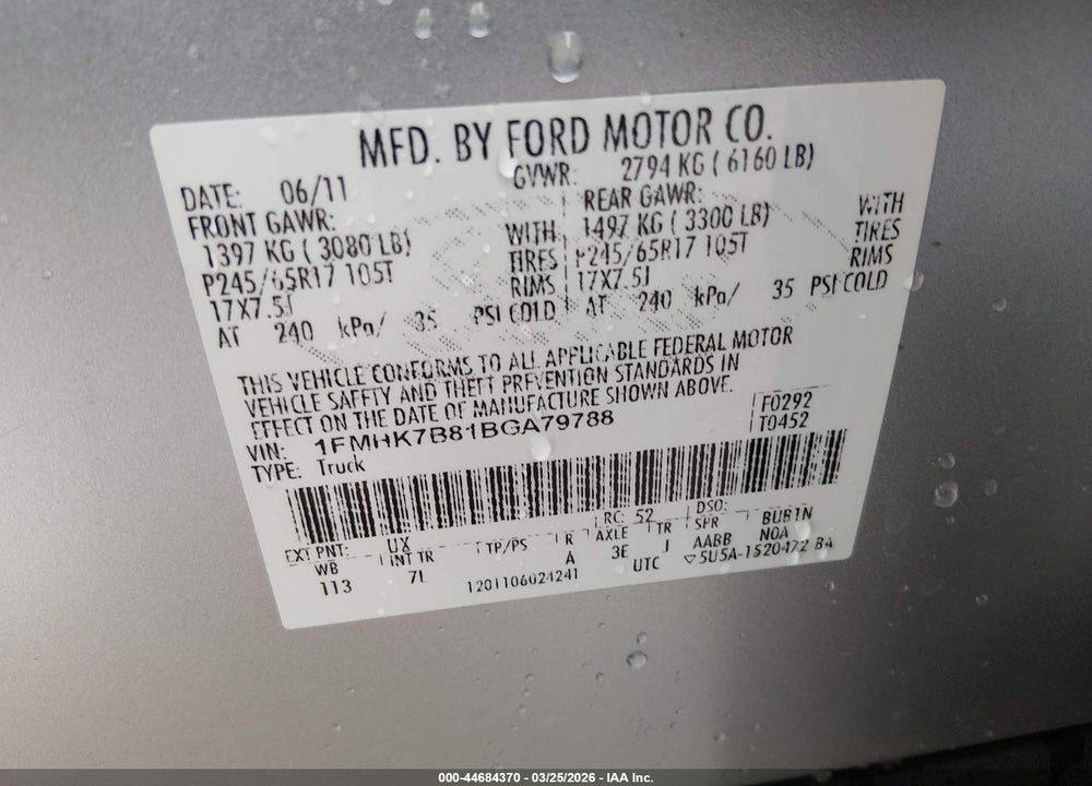 2011 FORD EXPLORER VIN: 1FMHK7B81BGA79788
