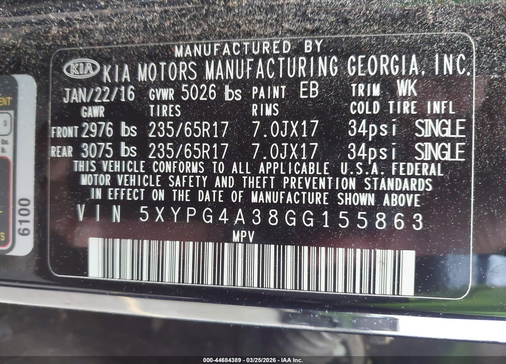 2016 KIA SORENTO 2.4L L VIN: 5XYPG4A38GG155863