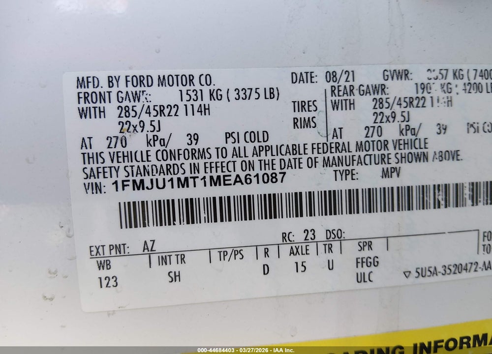2021 FORD EXPEDITION PLATINUM VIN: 1FMJU1MT1MEA61087