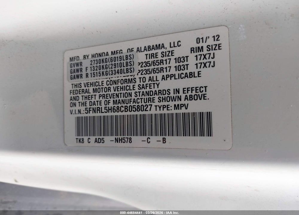 2012 HONDA ODYSSEY EX-L VIN: 5FNRL5H68CB058027