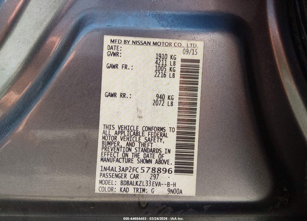 2015 NISSAN ALTIMA 2.5 SV VIN: 1N4AL3AP2FC578896