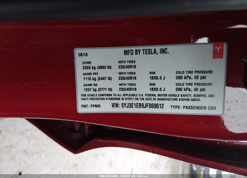 2018 TESLA MODEL 3 LONG RANGE/PERFORMANCE VIN: 5YJ3E1EB9JF069612