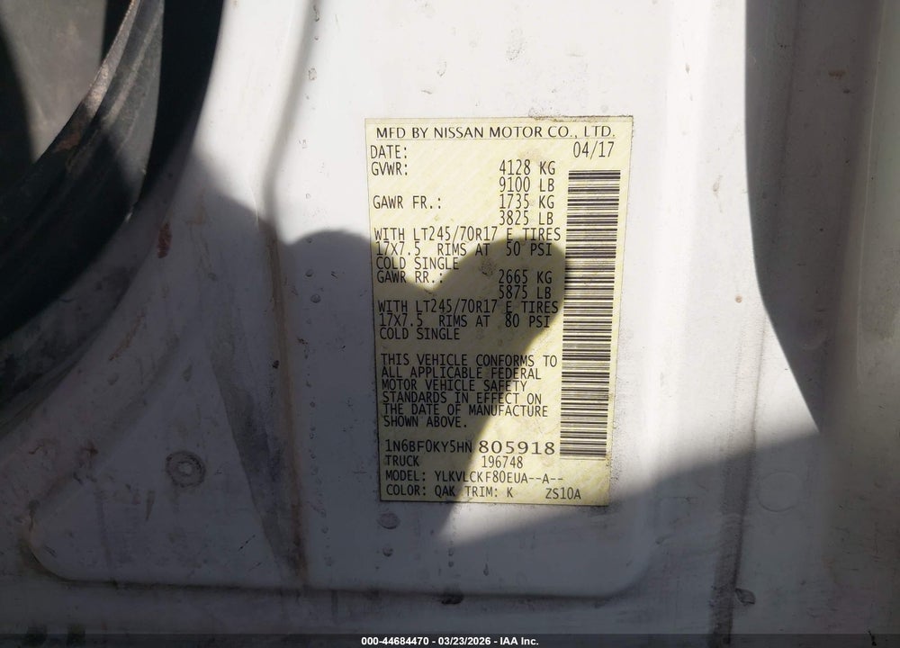 2017 NISSAN NV CARGO NV2500 HD S V6 VIN: 1N6BF0KY5HN805918