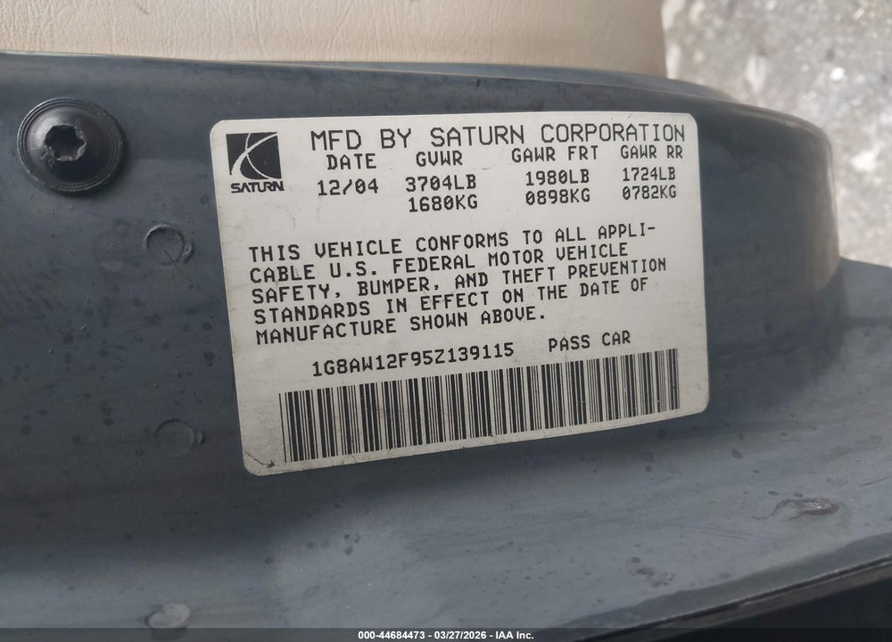 2005 SATURN ION 3 VIN: 1G8AW12F95Z139115