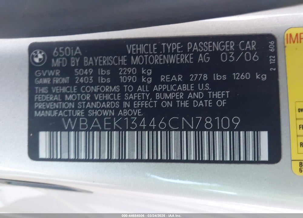 2006 BMW 650I VIN: WBAEK13446CN78109