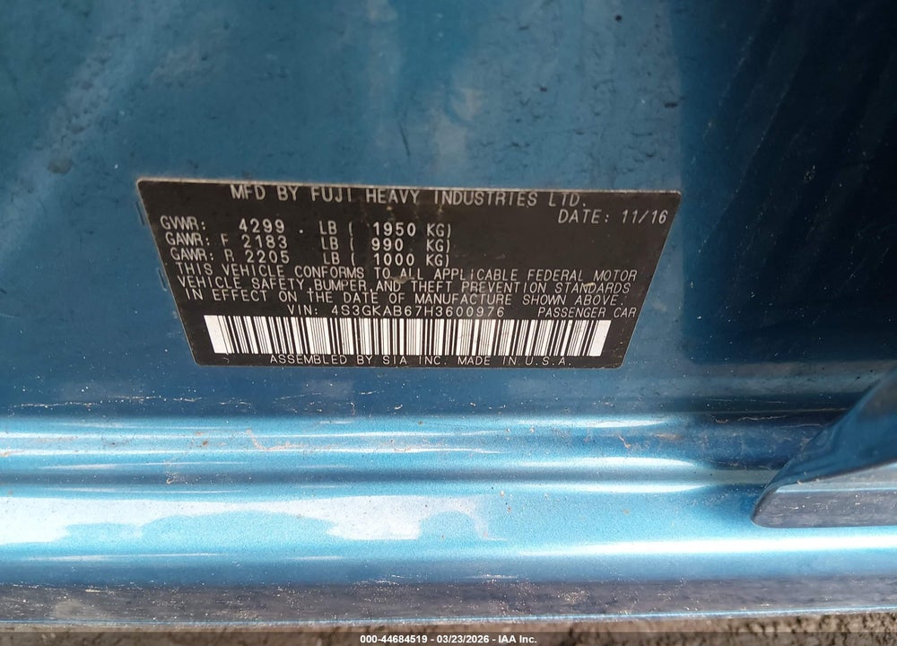 2017 SUBARU IMPREZA 2.0I PREMIUM VIN: 4S3GKAB67H3600976