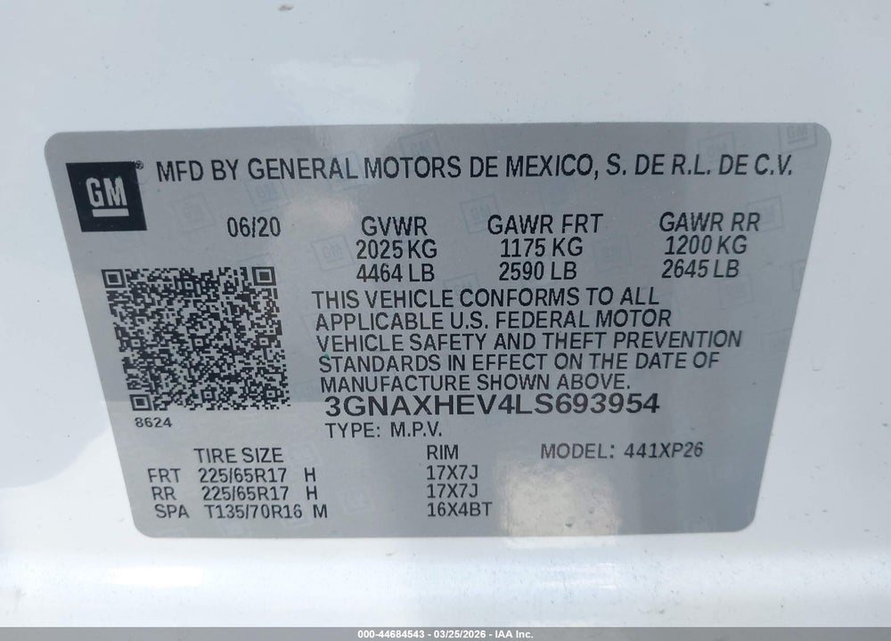 2020 CHEVROLET EQUINOX FWD LS VIN: 3GNAXHEV4LS693954