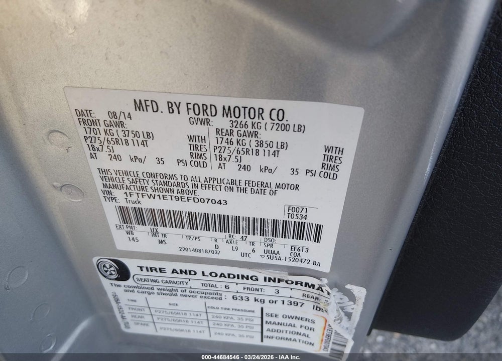 2014 FORD F-150 XLT VIN: 1FTFW1ET9EFD07043