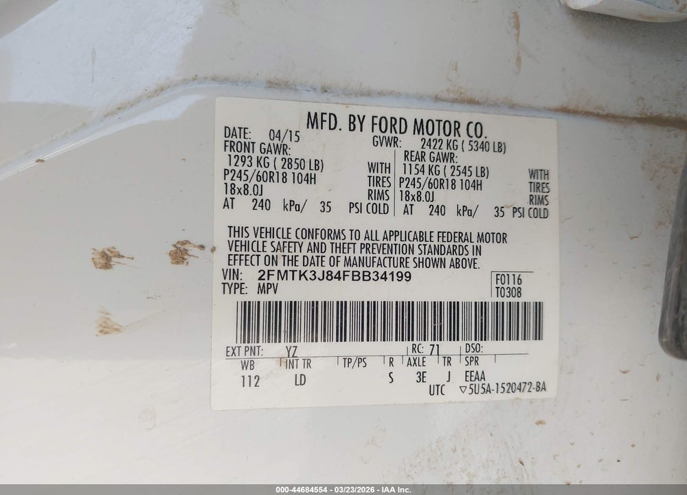2015 FORD EDGE SEL VIN: 2FMTK3J84FBB34199