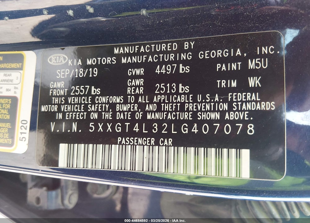 2020 KIA OPTIMA LX VIN: 5XXGT4L32LG407078
