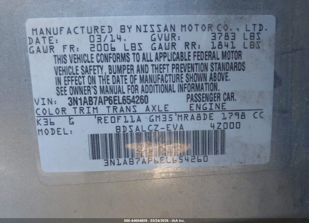 2014 NISSAN SENTRA S VIN: 3N1AB7AP6EL654260