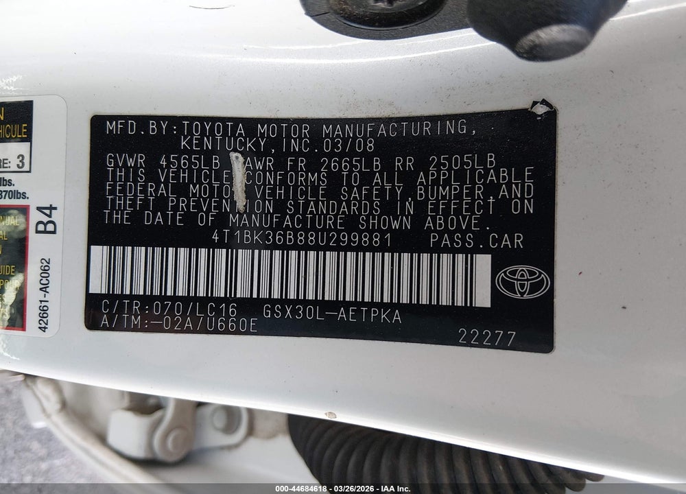 2008 TOYOTA AVALON LIMITED VIN: 4T1BK36B88U299881