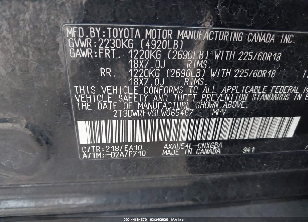 2020 TOYOTA RAV4 HYBRID LIMITED VIN: 2T3DWRFV9LW065467