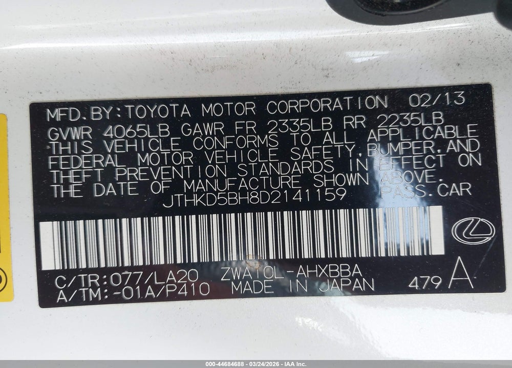 2013 LEXUS CT 200H VIN: JTHKD5BH8D2141159