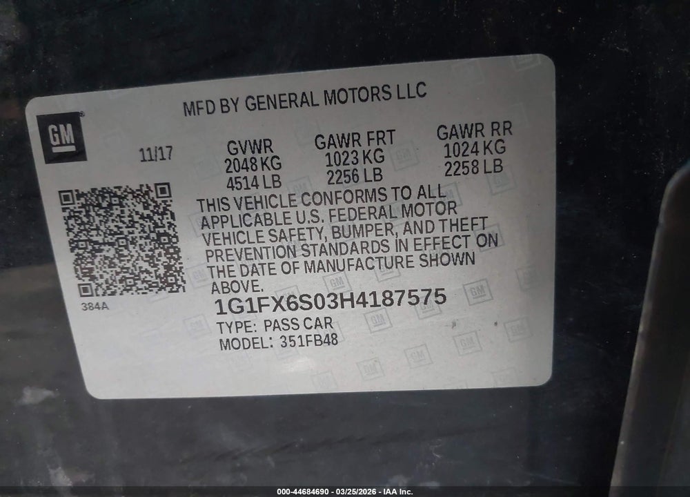 2017 CHEVROLET BOLT EV PREMIER VIN: 1G1FX6S03H4187575