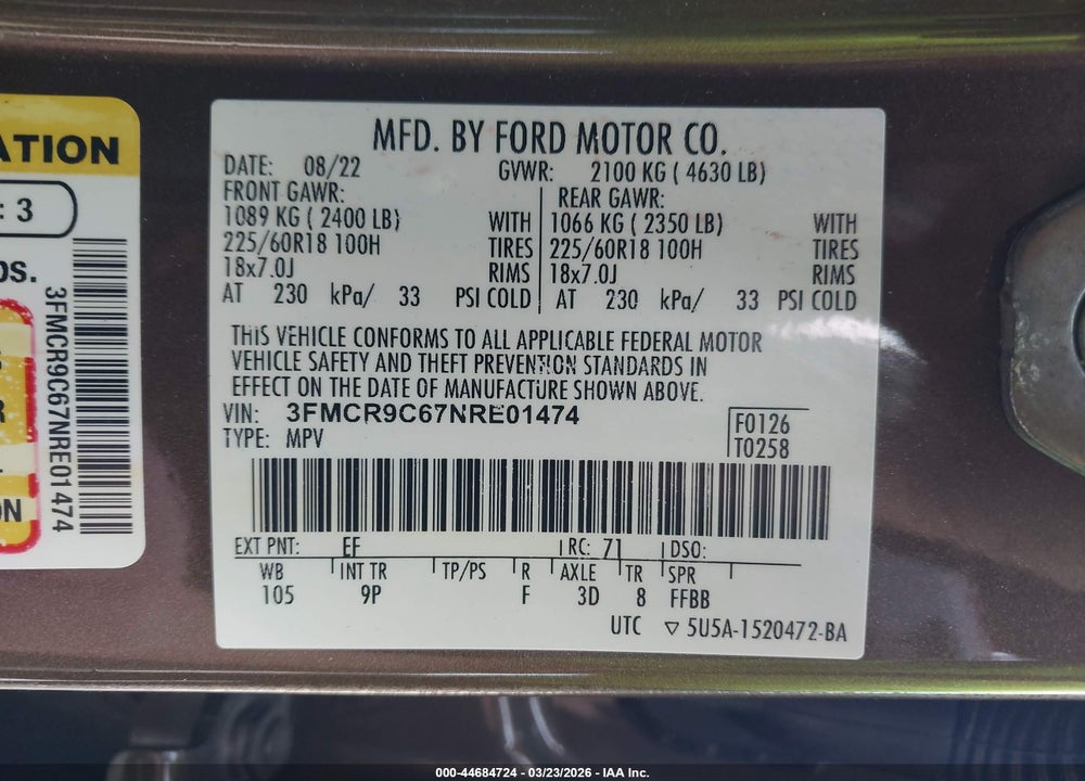 2022 FORD BRONCO SPORT OUTER BANKS VIN: 3FMCR9C67NRE01474