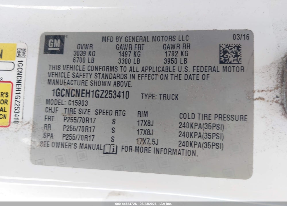 2016 CHEVROLET SILVERADO 1500 WT VIN: 1GCNCNEH1GZ253410