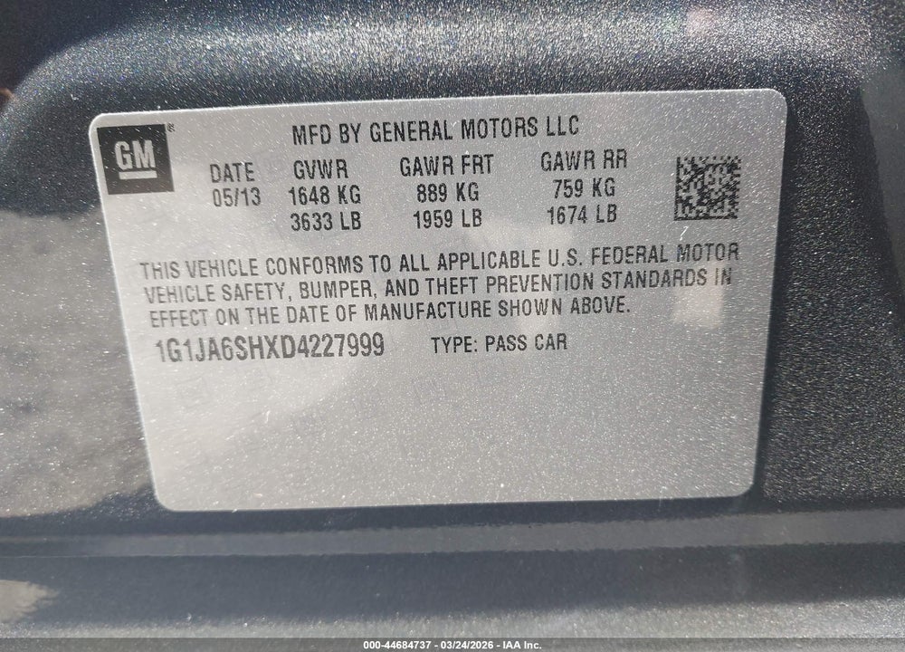 2013 CHEVROLET SONIC LS AUTO VIN: 1G1JA6SHXD4227999