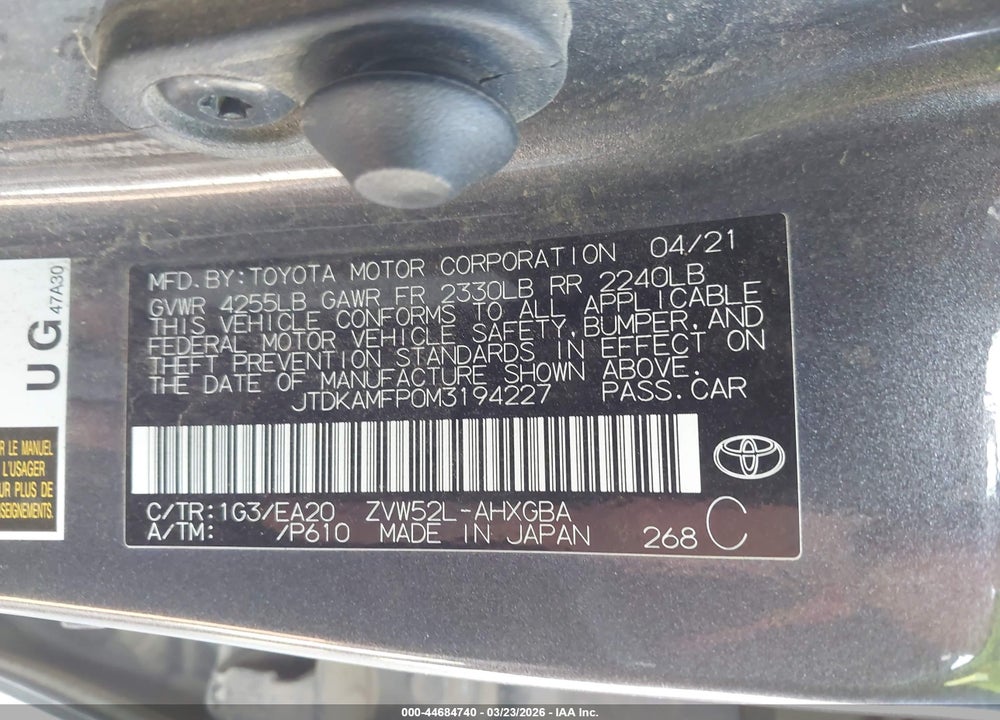 2021 TOYOTA PRIUS PRIME XLE VIN: JTDKAMFP0M3194227