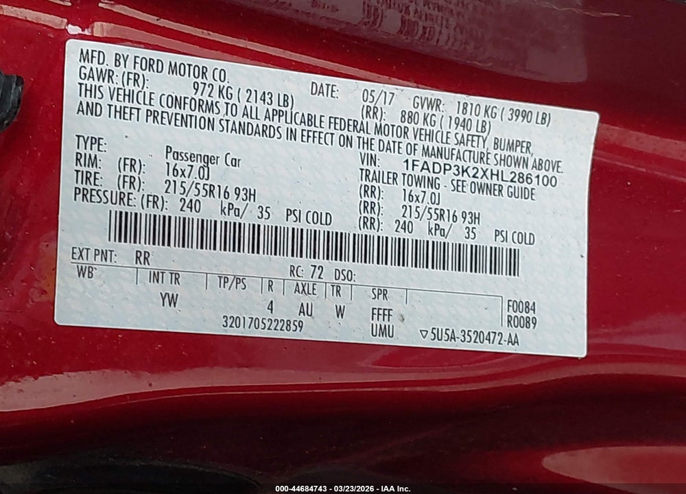 2017 FORD FOCUS SE VIN: 1FADP3K2XHL286100