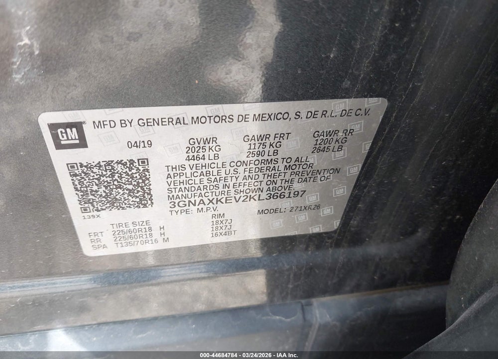 2019 CHEVROLET EQUINOX LT VIN: 3GNAXKEV2KL366197