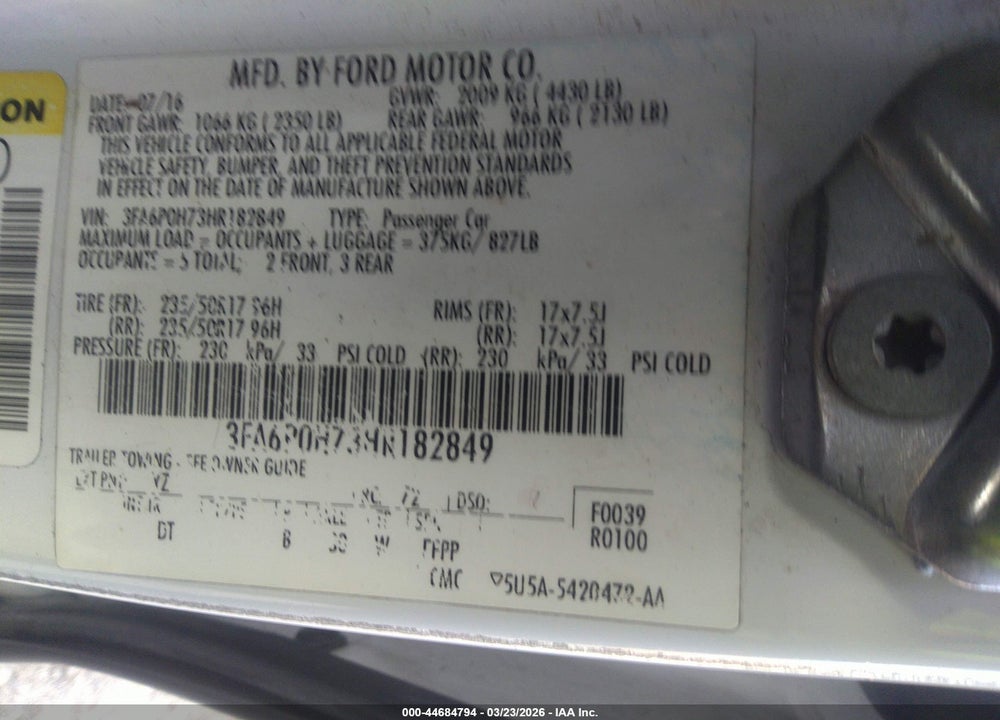2017 FORD FUSION SE VIN: 3FA6P0H73HR182849