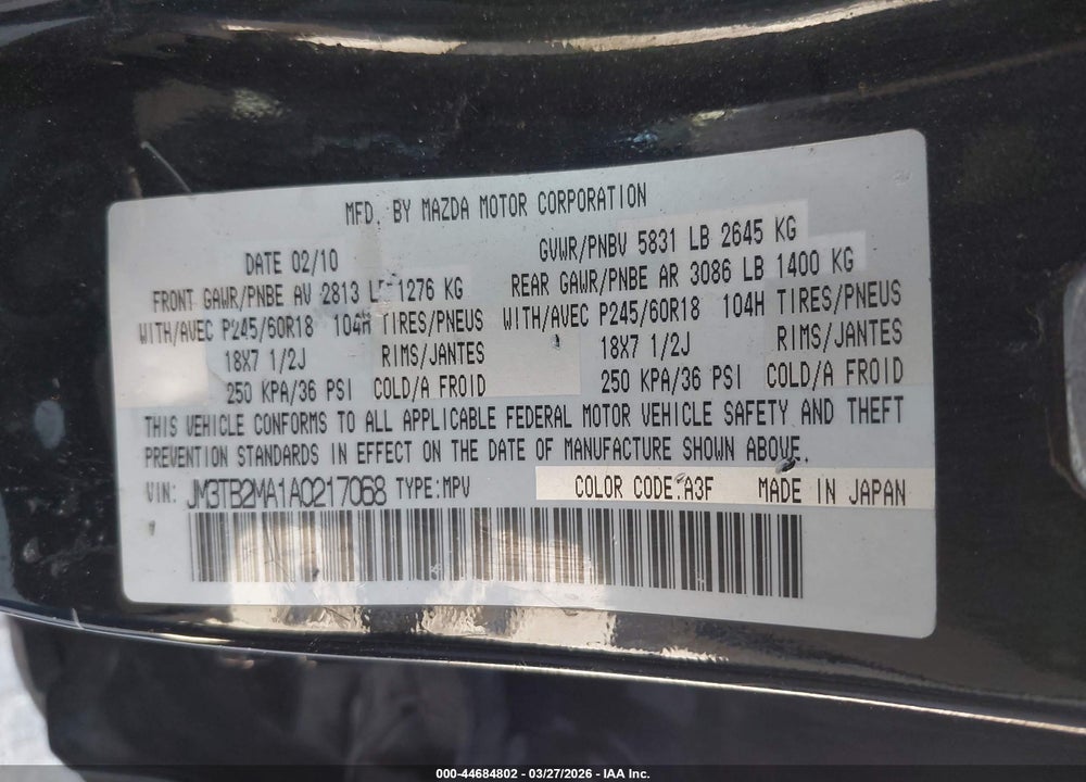 2010 MAZDA CX-9 TOURING VIN: JM3TB2MA1A0217068