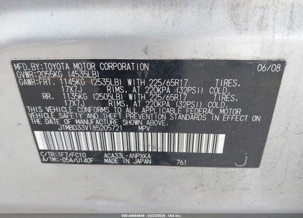 2008 TOYOTA RAV4 VIN: JTMBD33V185205721