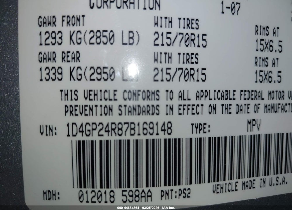 2007 DODGE GRAND CARAVAN SE VIN: 1D4GP24R87B169148