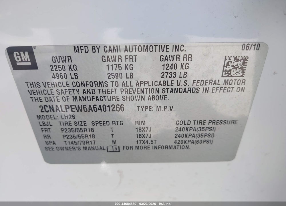 2010 CHEVROLET EQUINOX LT VIN: 2CNALPEW6A6401266