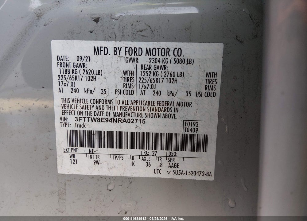 2022 FORD MAVERICK XL VIN: 3FTTW8E94NRA02715