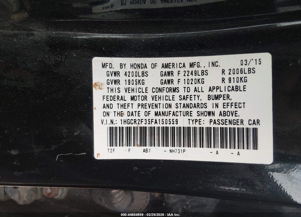 2015 HONDA ACCORD LX VIN: 1HGCR2F35FA150559