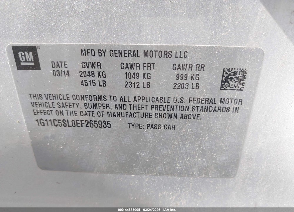 2014 CHEVROLET MALIBU 1LT VIN: 1G11C5SL0EF265935