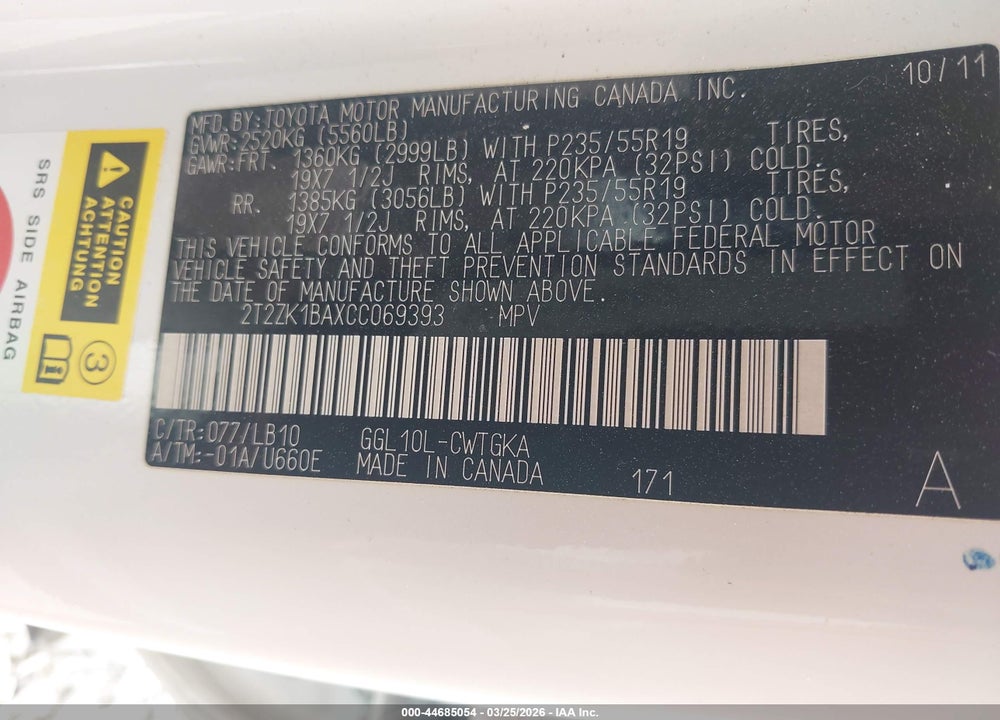 2012 LEXUS RX 350 VIN: 2T2ZK1BAXCC069393