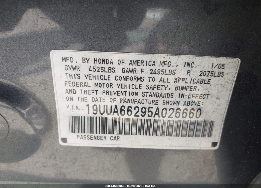 2005 ACURA TL VIN: 19UUA66295A026660