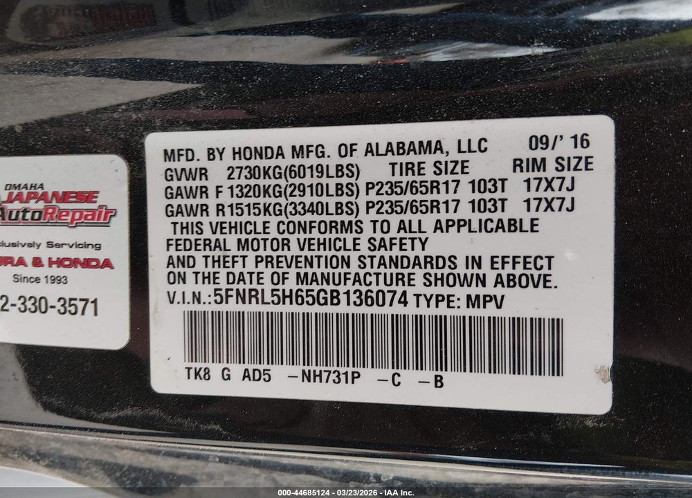 2016 HONDA ODYSSEY EX-L VIN: 5FNRL5H65GB136074