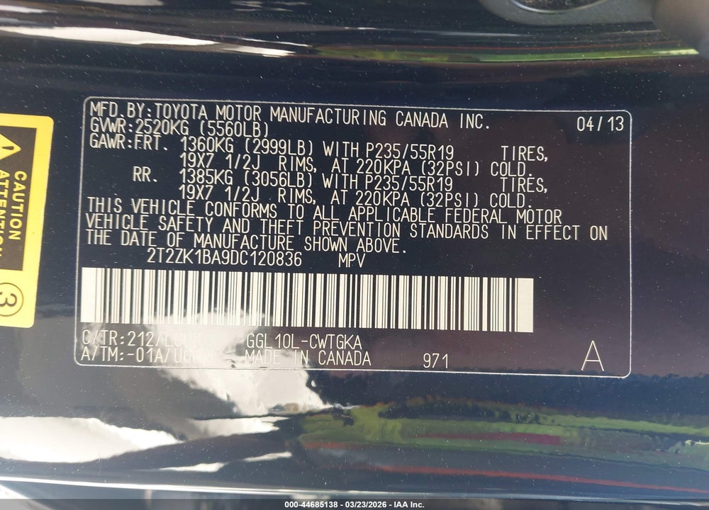 2013 LEXUS RX 350 VIN: 2T2ZK1BA9DC120836